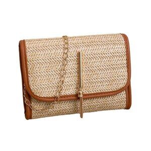 Small Straw Raffia Boho Summer Crossbody Bag Brown Trim Gold Chain